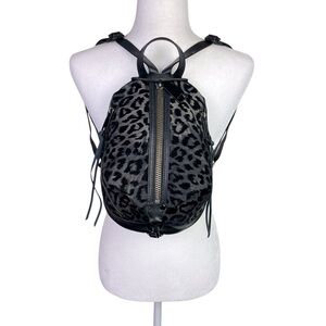 Rebecca Minkoff Julian Mini Flock Fabric Leopard Backpack Bag Leather Trim Black